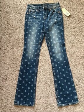 Miss Me Dark Blue Star-Print Flare Jeans